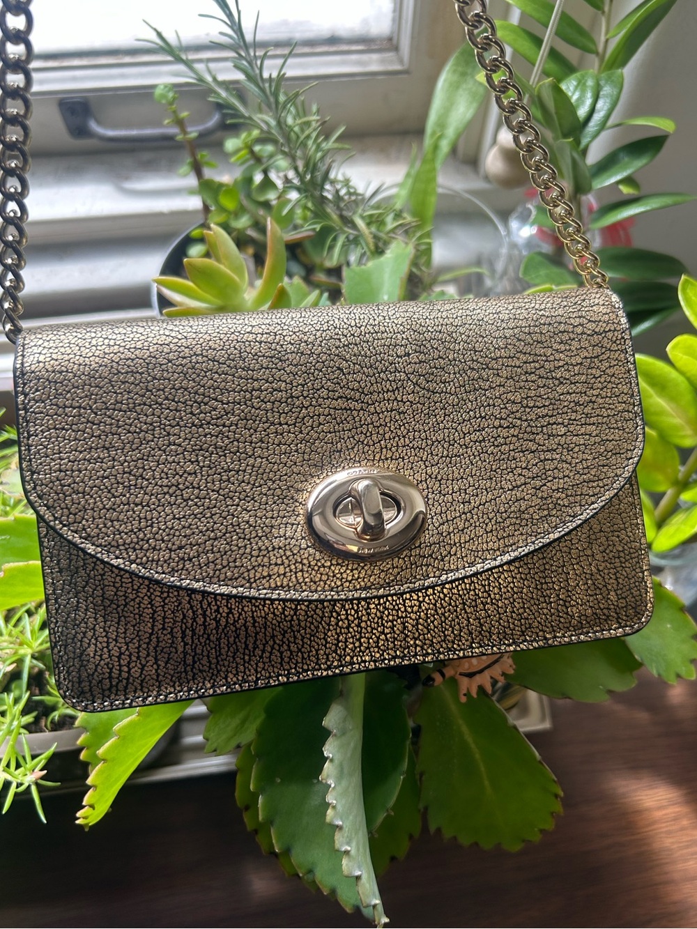 COACH METALLIC GOLD PEBBLE LEATHER TURN-LOCK CHAIN CLUTCH WALLET crossbody